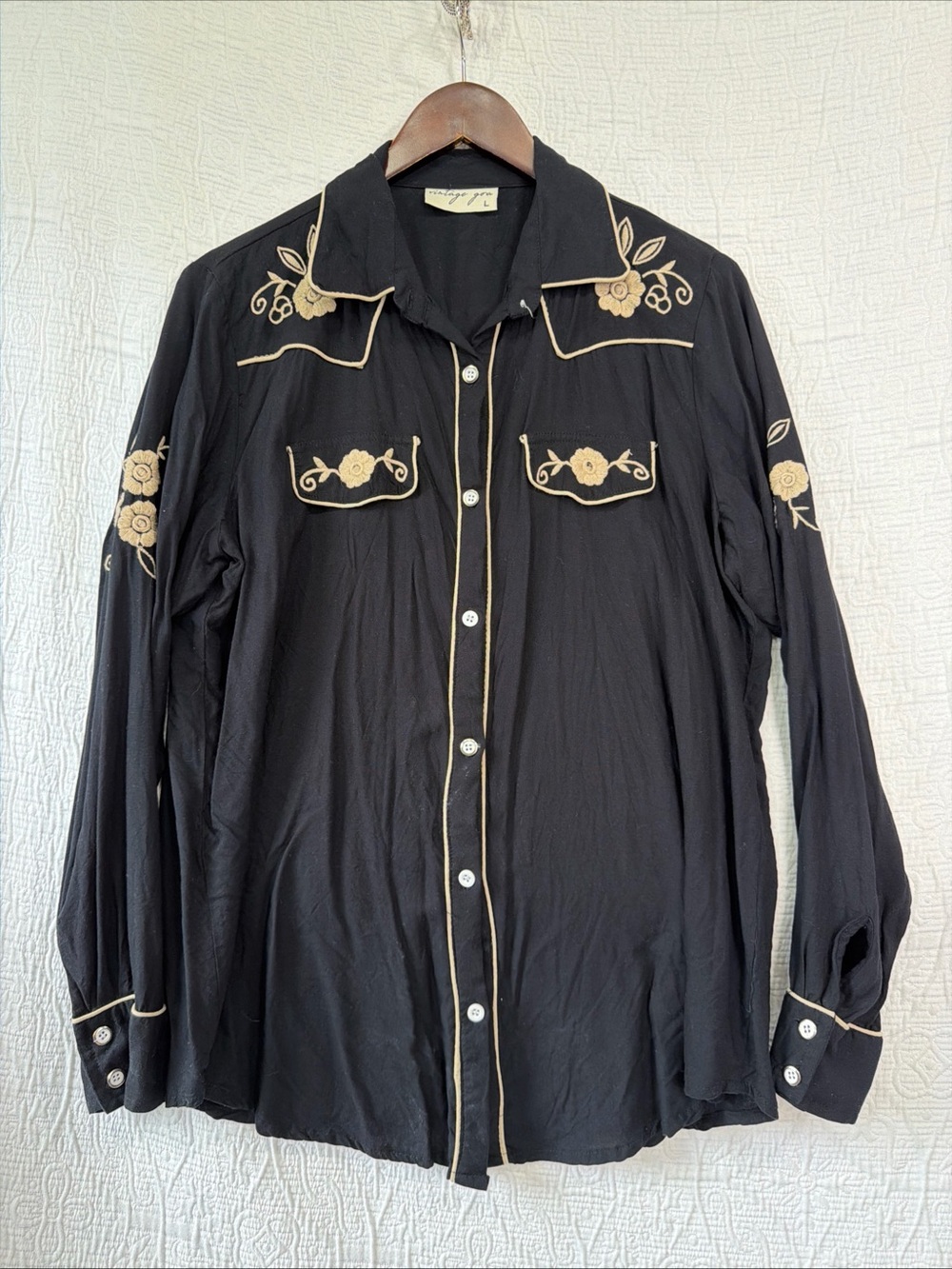 Vintage Goa Embroidered Western Shirt L Black Cowgirl Button Lightweight Cotton